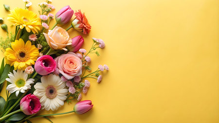 Beautiful bouquet of different flowers on yellow background, top view