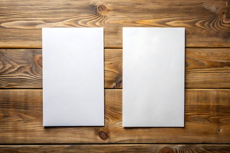 Blank white paper flyer on wooden background. Mock up for designの写真素材