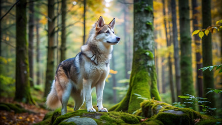 Portrait of a beautiful alaskan malamute dog standing in the forestの写真素材
