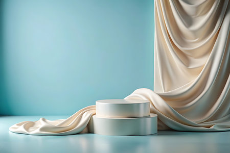 3d render of white podium and silk fabric on blue background.の写真素材
