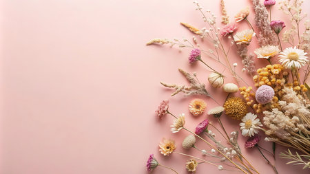 Beautiful dried flowers on pink background, flat lay. Space for textの写真素材