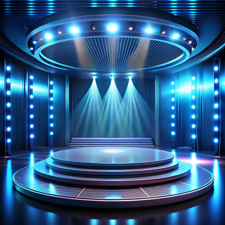 Stage podium with lighting, Stage Podium Scene with for Award Ceremony on blue Background, Vector...