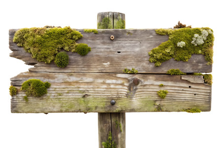 Old wooden signboard with moss and lichen isolated on white backgroundの写真素材
