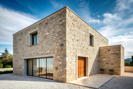 Modern house exterior, stone wall and concrete floor. Nobody inside.の写真素材