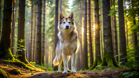 Portrait of a beautiful Siberian Husky dog standing in the forestの写真素材