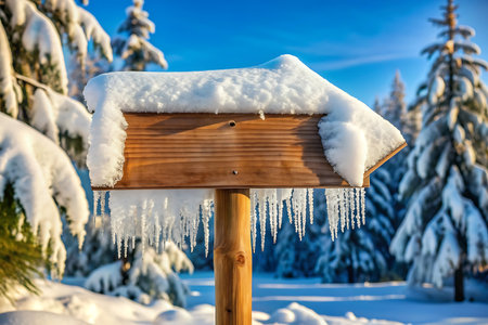 Wooden signpost in winter forest covered with snow and iciclesの写真素材