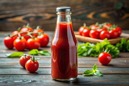 Tomato ketchup in bottle and fresh tomatoes on a wooden backgroundの写真素材