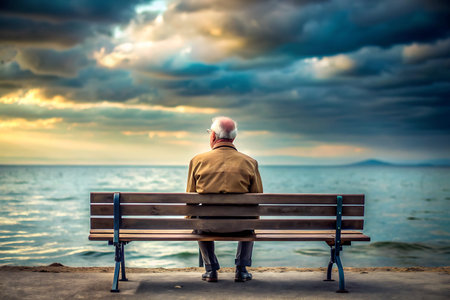 Elderly man sitting on a bench and looking at the seaの写真素材