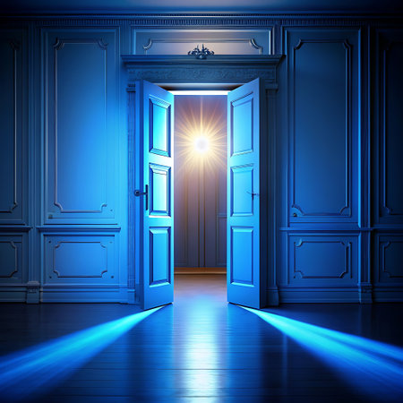 Blue door with light coming out of the room. 3D renderingの写真素材