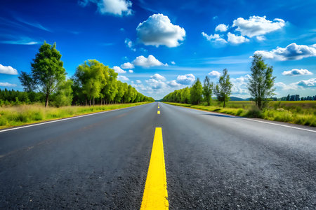 Asphalt road and blue sky with white clouds. Landscape.