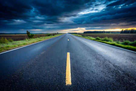 Asphalt road and dramatic sky at sunset.の写真素材