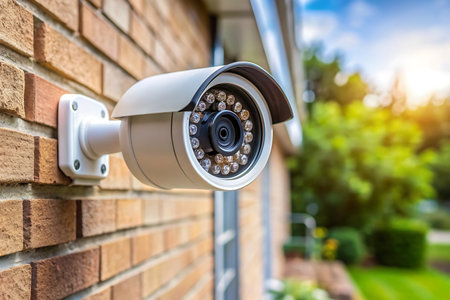 CCTV security camera or surveillance system on the brick wall with green garden backgroundの写真素材