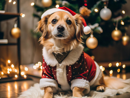 Cute dog in santa costume sitting on floor near christmas treeの写真素材