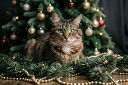 Maine Coon cat with green eyes and Christmas tree on backgroundの写真素材