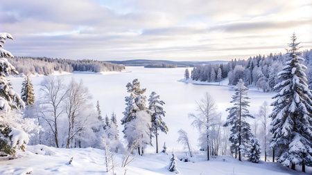 Winter landscape with frozen lake and forest in the background. Finland.の写真素材