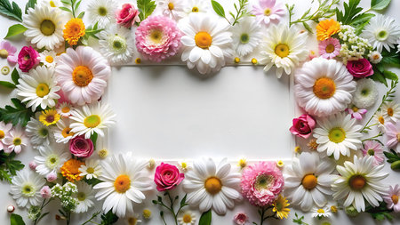 Flowers composition. Frame made of flowers on white background. Flat lay, top view, copy spaceの写真素材