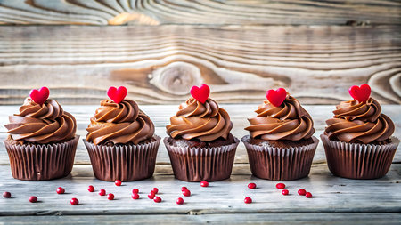 Chocolate cupcakes with red hearts on rustic wooden background.の写真素材