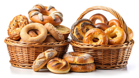 Basket with different bagels. Isolated on a white background.の写真素材