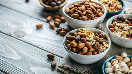 Mix of nuts in bowls on wooden background. Healthy food concept.の写真素材