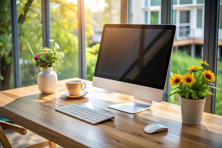 Workplace with computer, coffee cup and sunflowers on wooden tableの写真素材