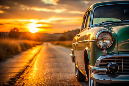 Vintage car at sunset. Retro car on the road at sunset.の写真素材