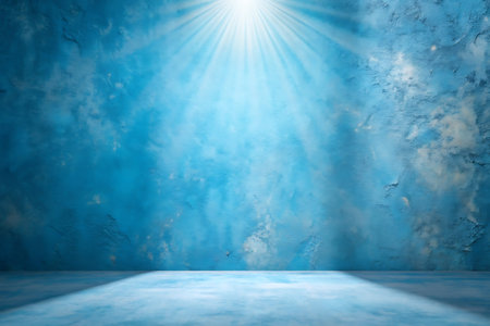 Blue concrete room with blue wall and sun rays. 3D Renderingの写真素材