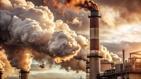 Smoke from the chimney of a power plant at sunset.