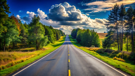 Asphalt road in the countryside with trees and blue sky with clouds