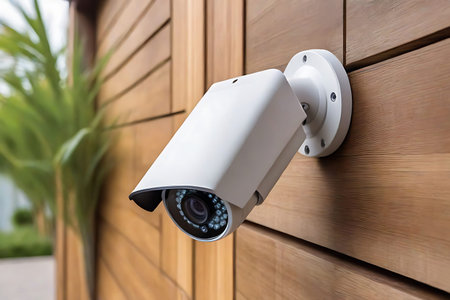 CCTV security camera on wooden wall in front of house or home