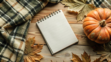 Autumn composition with pumpkins, plaid and notebook on wooden background