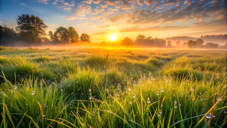 Sunrise over a meadow with grass and trees in the backgroundの写真素材