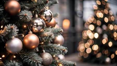 Christmas tree with golden and silver baubles. Blurred backgroundの写真素材