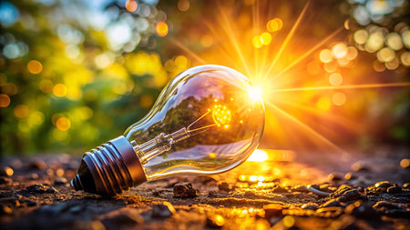 Incandescent light bulb on the ground with sunlight and bokeh background