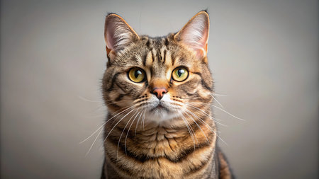 Portrait of a beautiful tabby cat with yellow eyes on a gray background