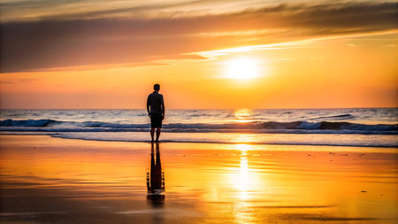 Silhouette of a man walking on the beach at sunset.