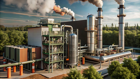 Industrial landscape with factory chimneys against blue sky. 3d render