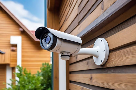 CCTV security camera on the wooden wall of house, security concept
