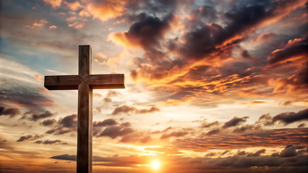 Wooden cross on sunset sky background. Christian religion concept. Cross symbol.の写真素材