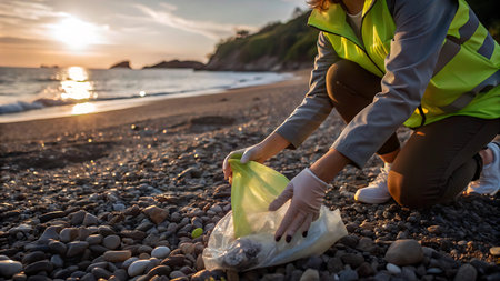 Volunteer woman picking up garbage on the beach at sunset.