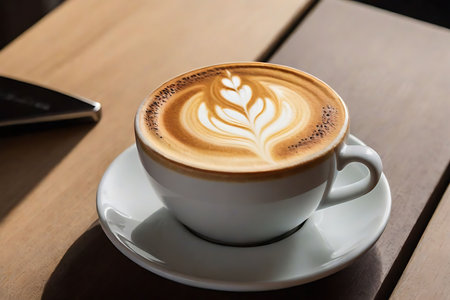 Latte art coffee in a cup on wooden table, stock photoの写真素材