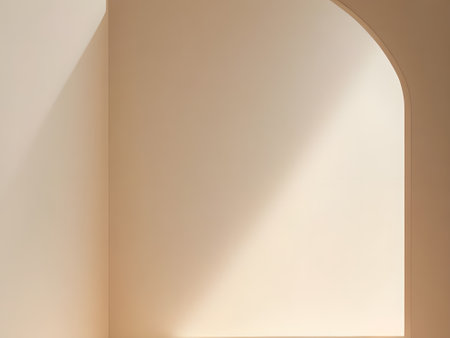 interior of a room with white walls and arched window.の写真素材