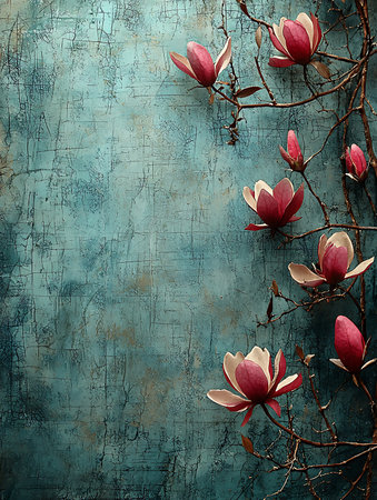 Magnolia flowers on blue grunge background. Copy space for textの写真素材