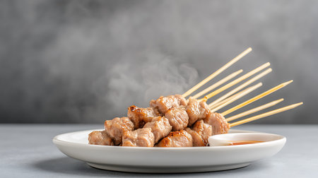 Grilled pork satay with chopsticks on white plate over grey background