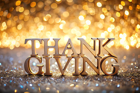 Thank Giving word made of gold letters on bokeh background.の写真素材