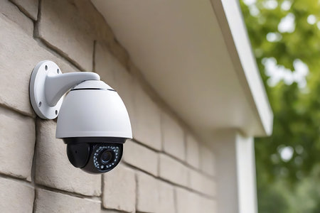 CCTV security camera on the wall in front of the house.