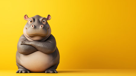 Hippopotamus sitting on yellow background. 3D illustration.の写真素材