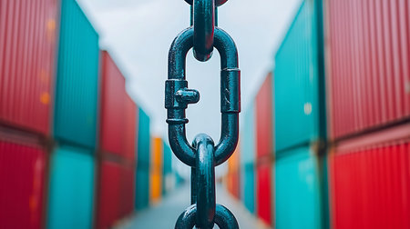 Close-up of a chain link against the background of containers.