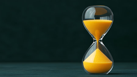 Hourglass with yellow sand on dark background. Time management concept. 3D Renderingの写真素材
