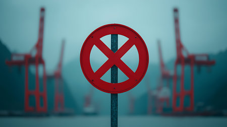 No entry sign with port cranes in background. 3D renderingの写真素材