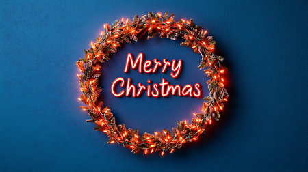Christmas wreath with red lights on blue background. Merry Christmas cardの写真素材